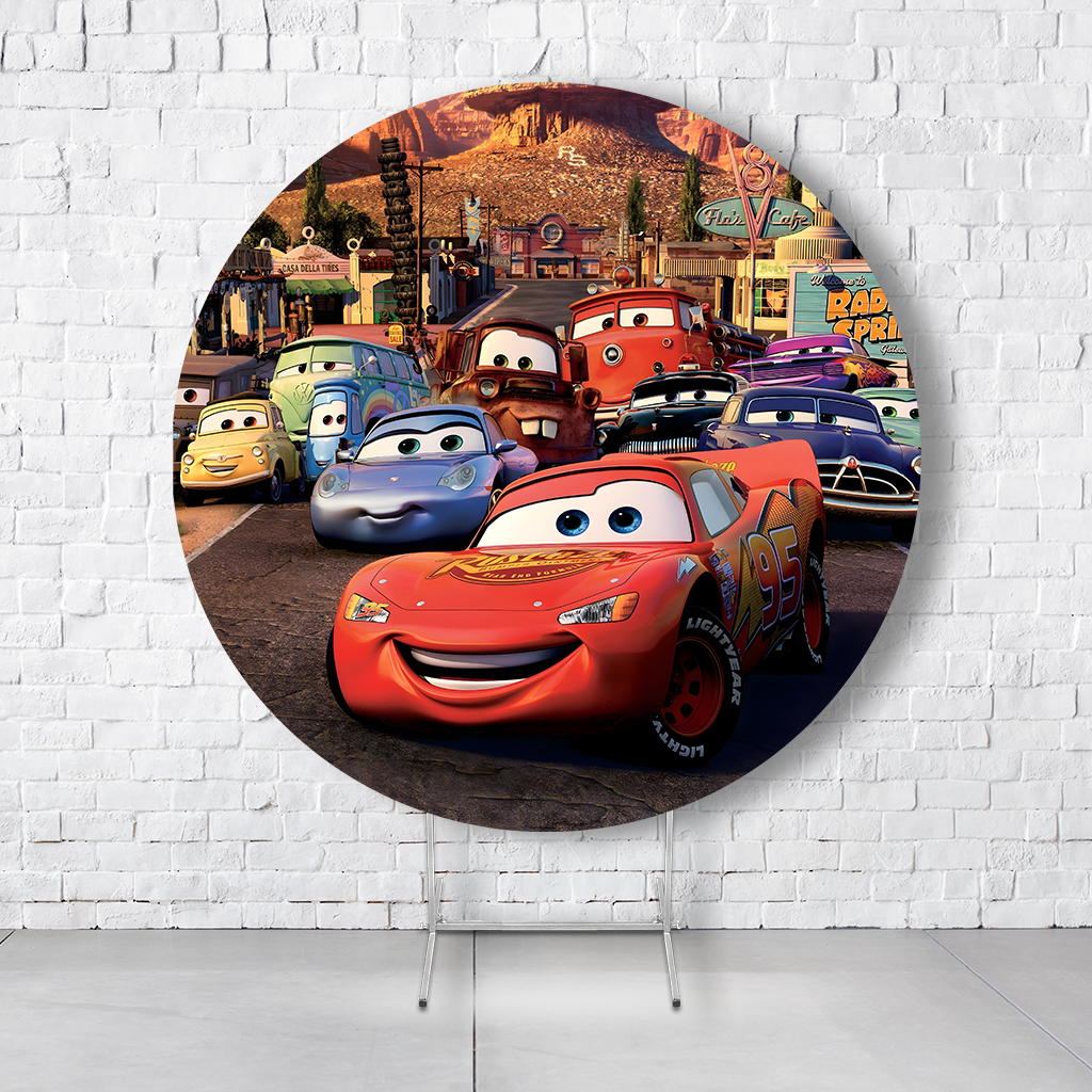 Painel De Festa Redondo Carros Pixar Em Tecido Helanca C/Elástico 1,50x1,50