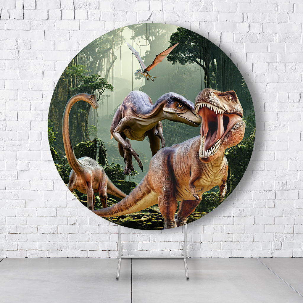 Painel De Festa Redondo Dinossauros Em Tecido Helanca C/Elástico 1,50x1,50