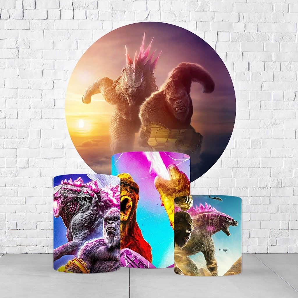 Kit Painel De Festa Godzila E kong + Trio De Cilindros Em Tecido