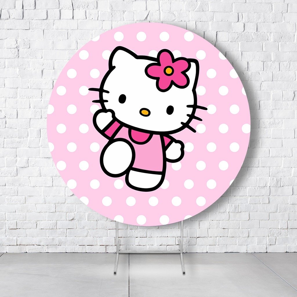 Painel De Festa Redondo Hello Kitty Em Tecido Helanca C/Elástico 1,50x1,50
