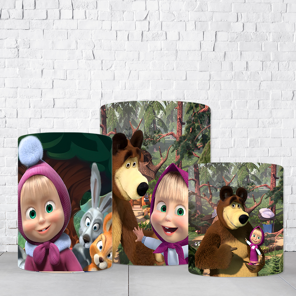 Trio de Cilindros Para Festas Masha e o Urso Em Tecido Helanca C/Elástico