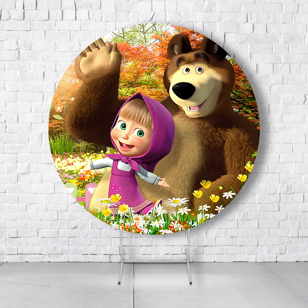 Painel De Festa Redondo Masha e o Urso Em Tecido Helanca C/Elástico 1,50x1,50 - Imagem 2