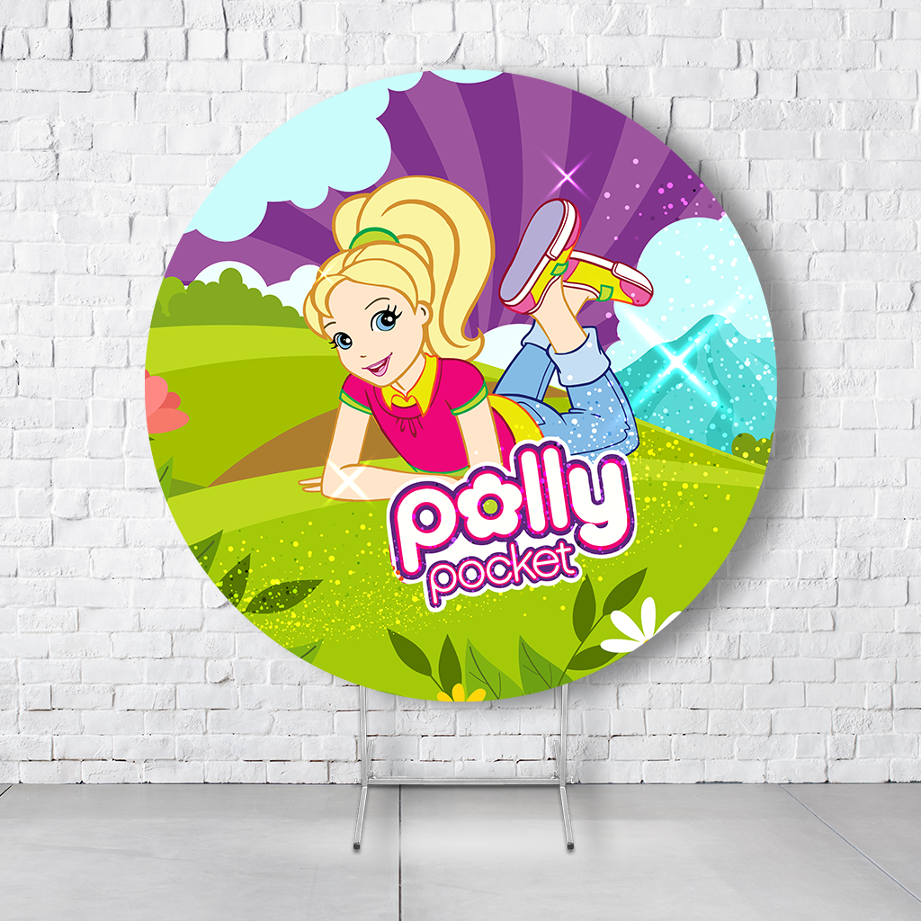 Painel De Festa Redondo Polly Pocket Em Tecido Helanca C/Elástico 1,50x1,50