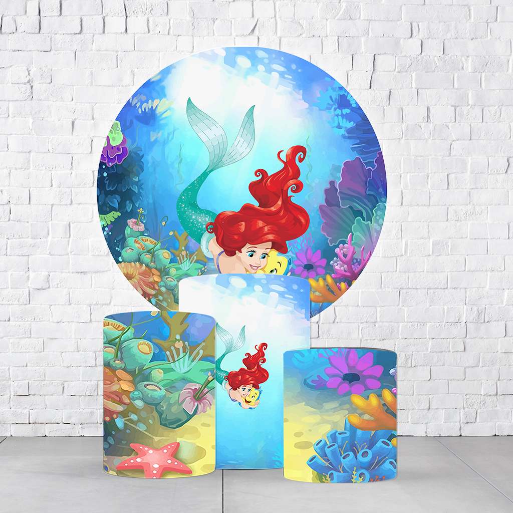 Kit Painel De Festa Pequena Sereia + Trio De Cilindros Em Tecido - Imagem 3