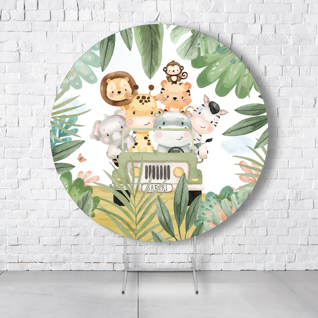 Painel De Festa Redondo Safari Em Tecido Helanca C/Elástico 1,50x1,50