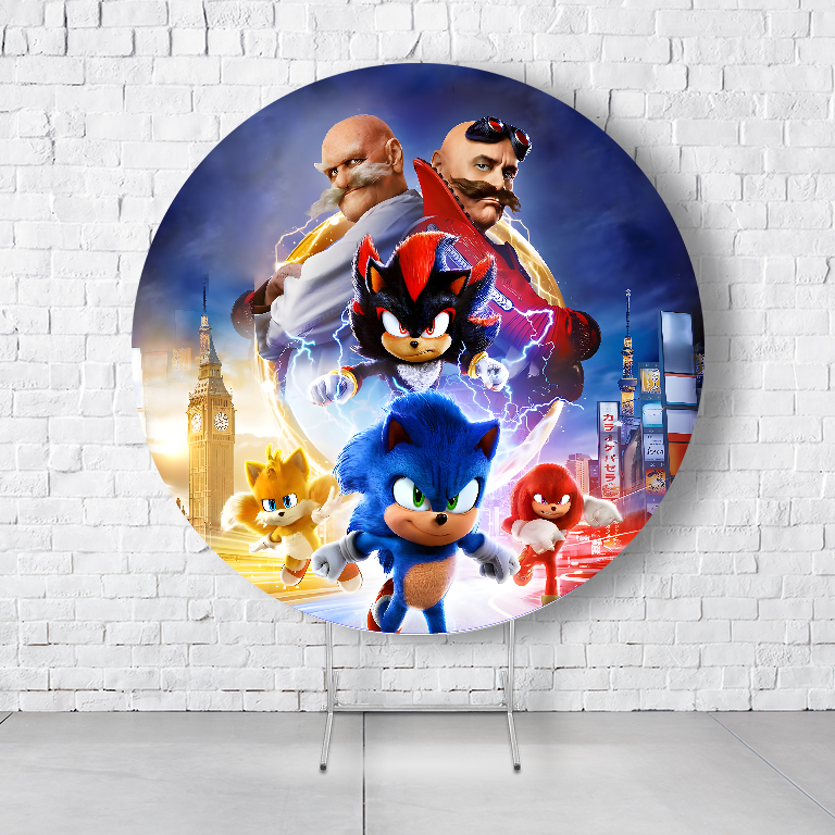 Painel De Festa Redondo Sonic Em Tecido Helanca C/Elástico 1,50x1,50 - Imagem 3