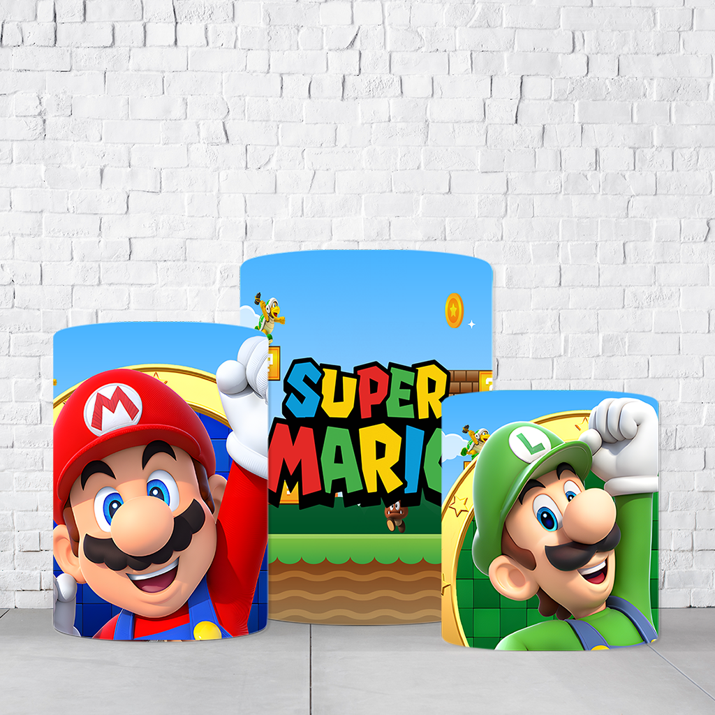 Trio de Cilindros Para Festas Super Mario Em Tecido Helanca C/Elástico