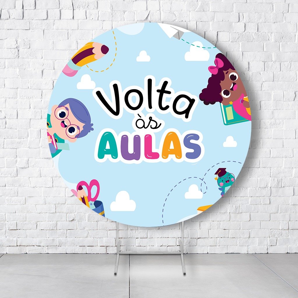 Painel De Festa Redondo Volta às Aulas Em Tecido Helanca C/Elástico 1,50x1,50