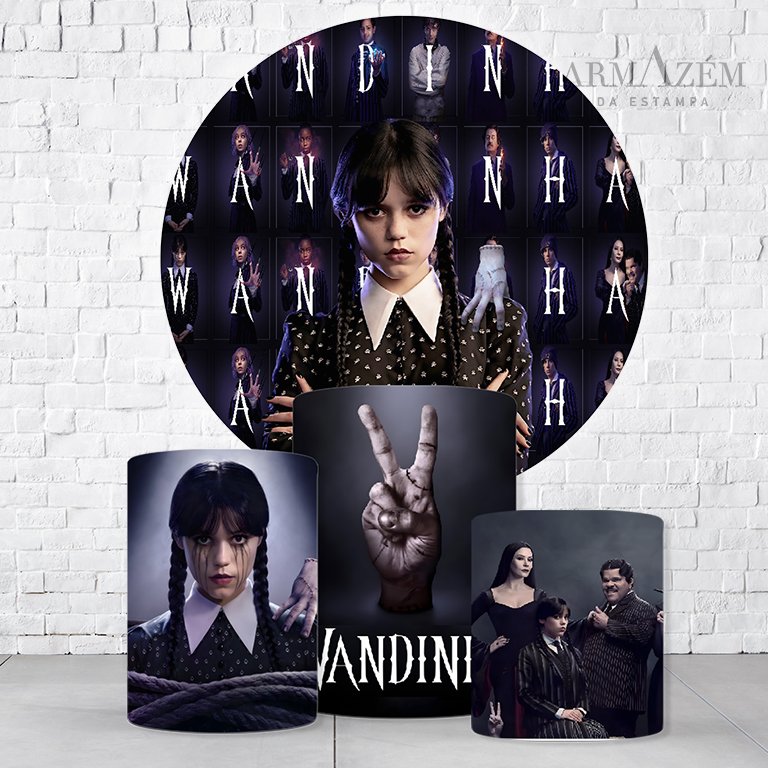 Kit Painel De Festa Wandinha + Trio De Cilindros Em Tecido - Imagem 3