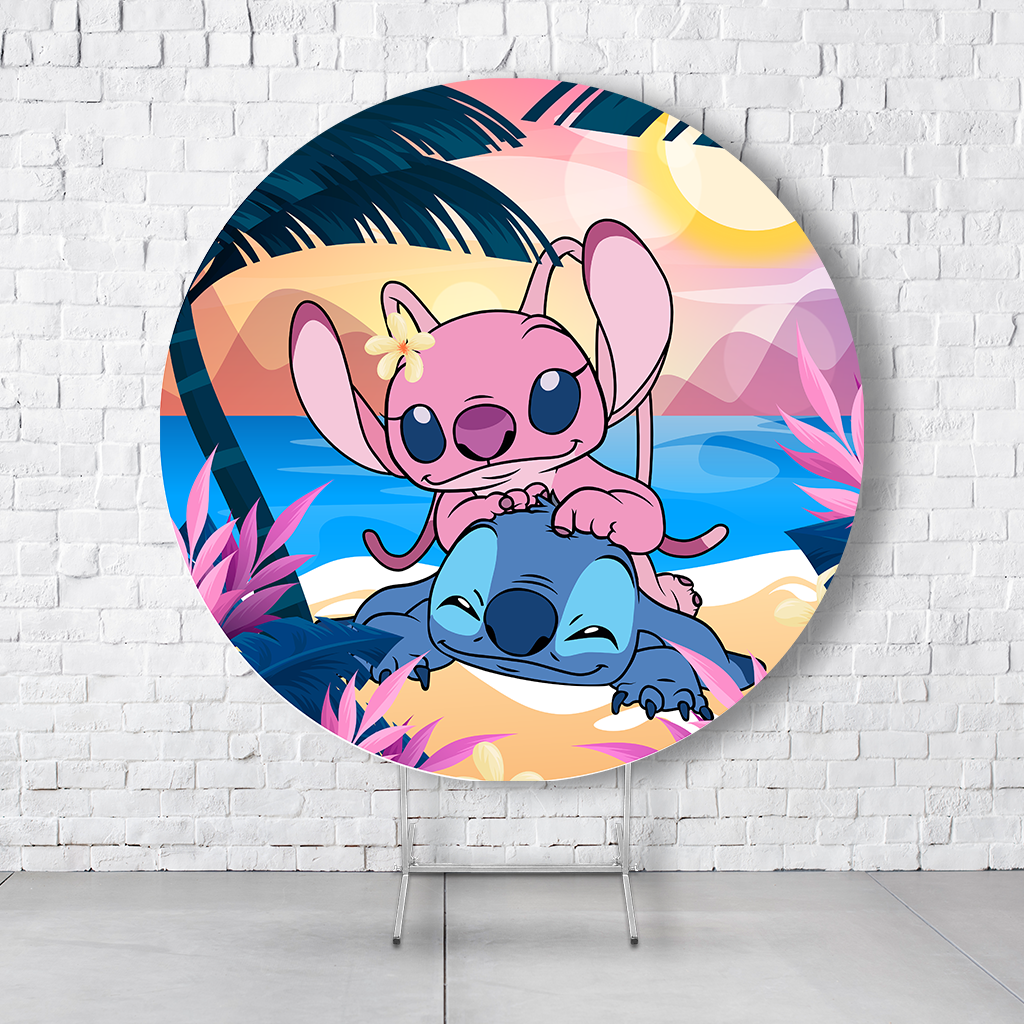 Painel De Festa Redondo Stitch e Angel Em Tecido Helanca C/Elástico 1,50x1,50  PAINEL449 - Imagem 1