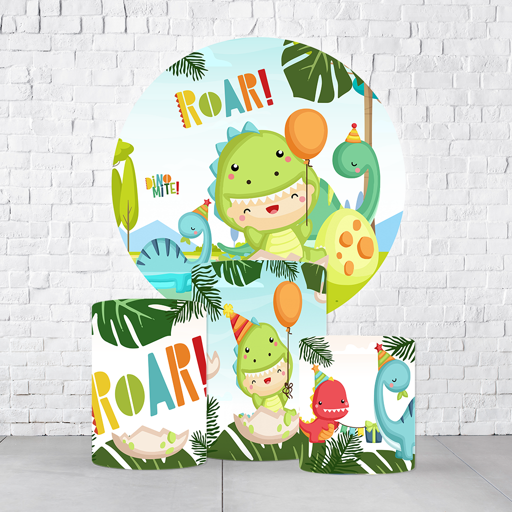 Kit Painel De Festa Dino Roar + Trio De Cilindros Em Tecido