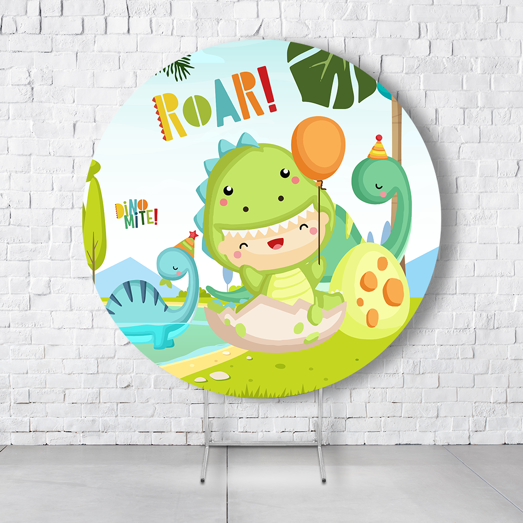 Painel De Festa Redondo Dino Roar Em Tecido Helanca C/Elástico 1,50x1,50  PAINEL325