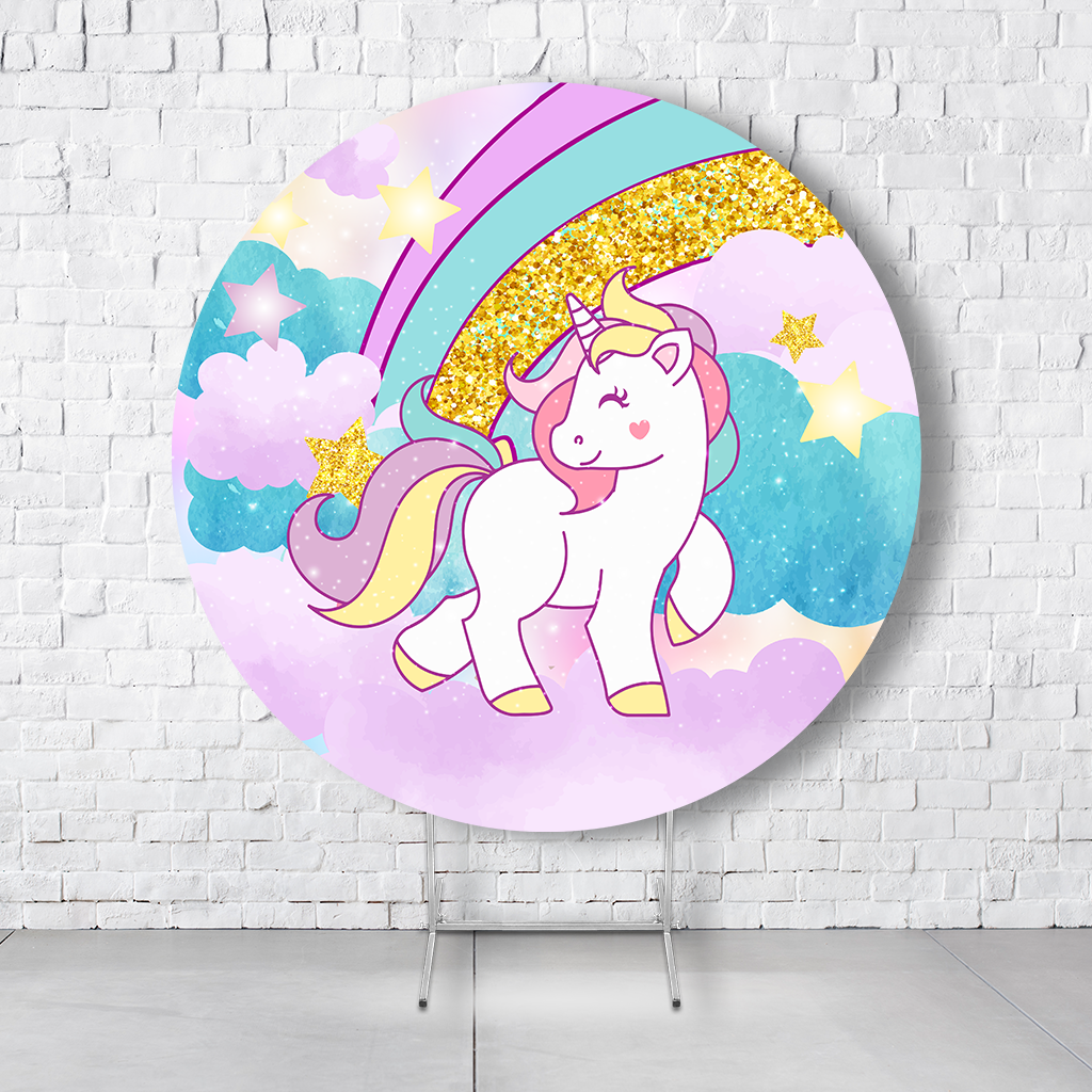 Painel De Festa Redondo Unicórnio Em Tecido Helanca C/Elástico 1,50x1,50