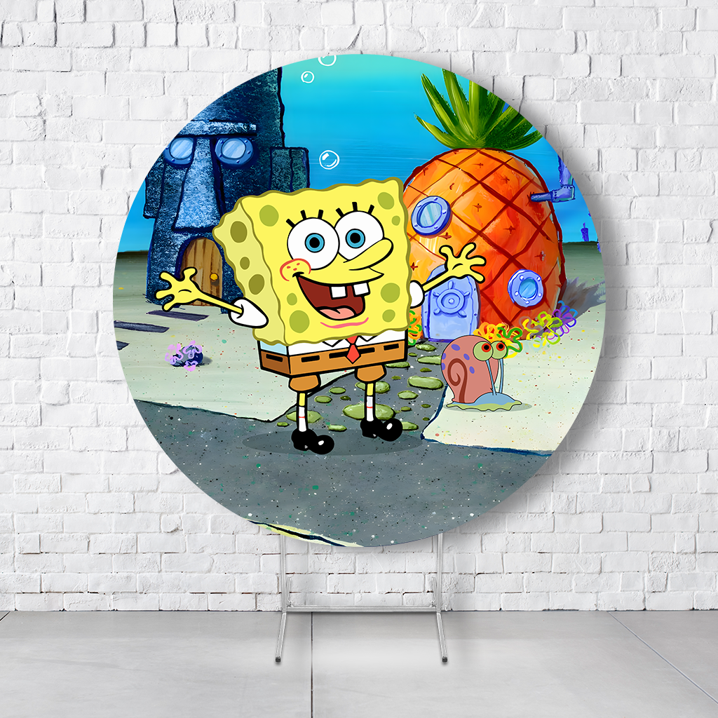 Painel De Festa Redondo Bob Esponja Em Tecido Helanca C/Elástico 1,50x1,50