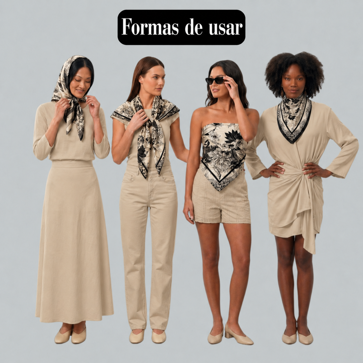 Lenço Estampado Tema Floral Preto e Branco 90x90cm - Imagem 4