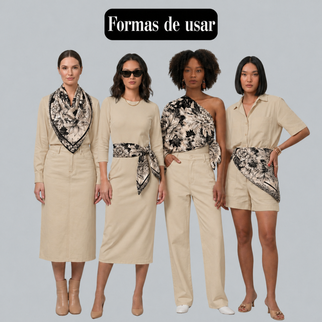 Lenço Estampado Tema Floral Preto e Branco 90x90cm - Imagem 3
