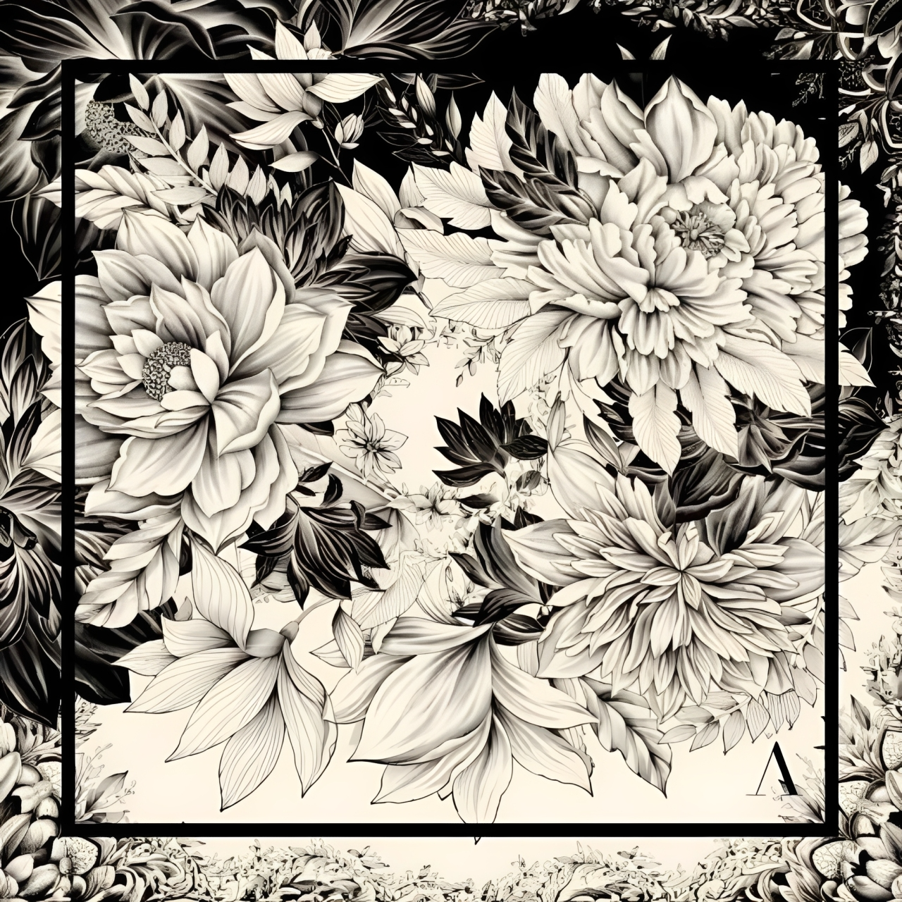 Lenço Estampado Tema Floral Preto e Branco 90x90cm - Imagem 1